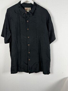 Tiki Classics Men’s Black 100% Silk Jacquard Palm Tree Aloha Camp Shirt Large
